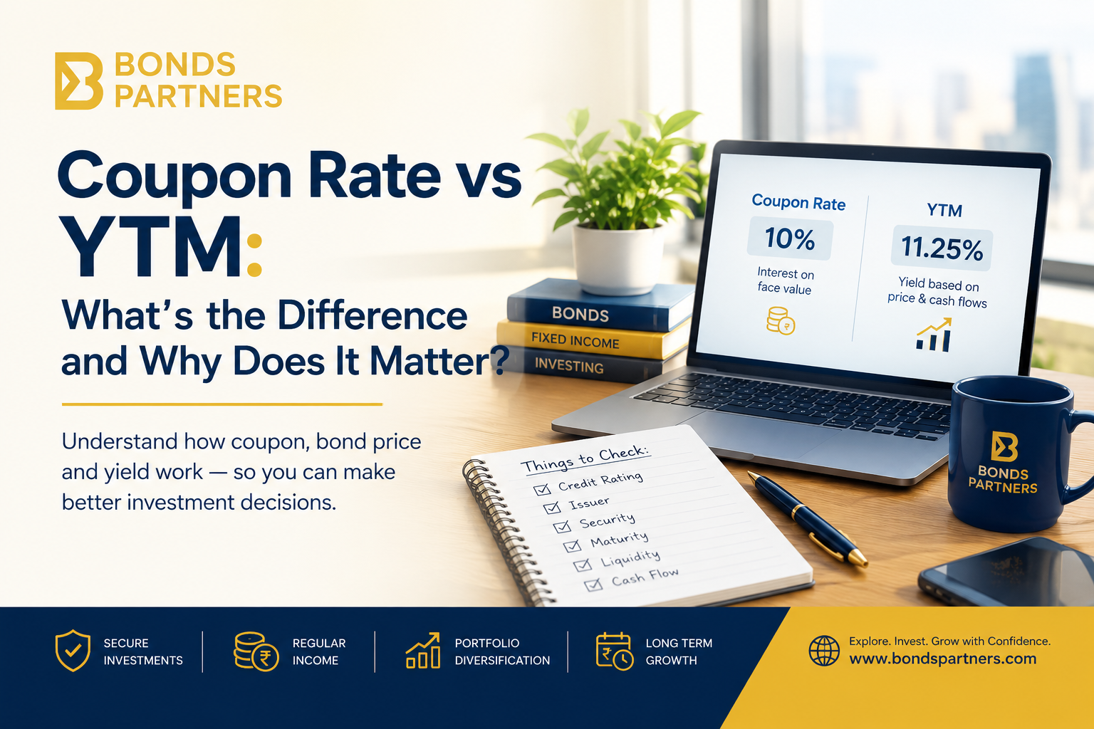 Coupon Rate vs YTM in bonds, explaining the difference between coupon interest, yield to maturity, bond price and cash flows.