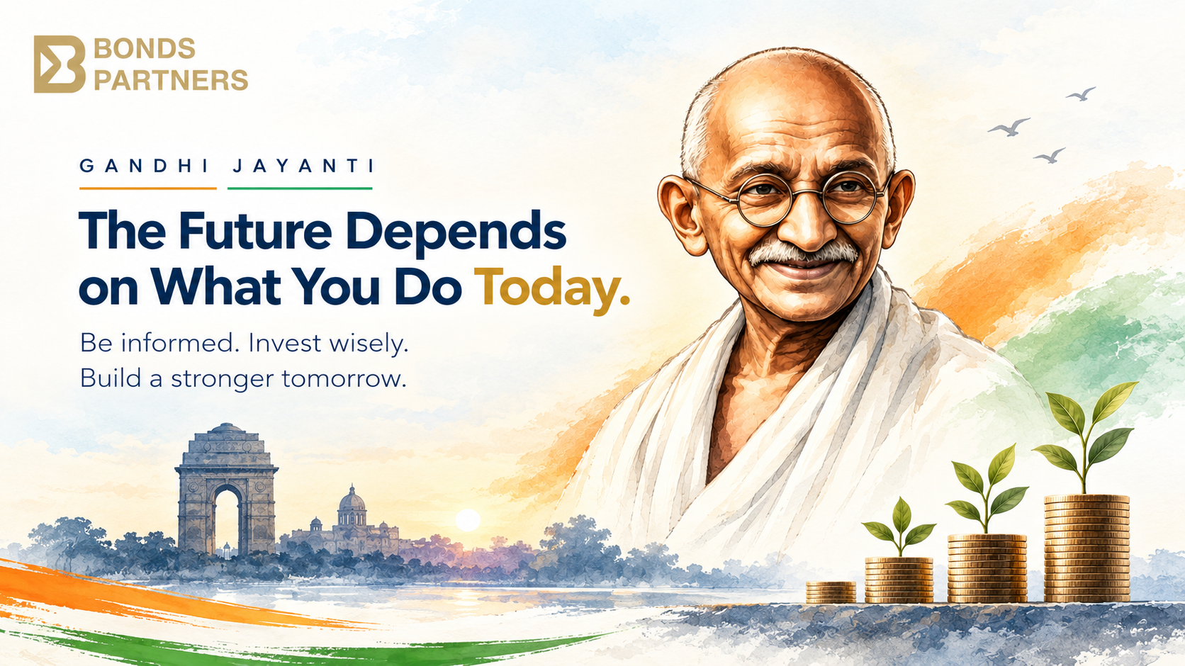 Gandhi Jayanti creative by Bonds Partners featuring Mahatma Gandhi with the message “The Future Depends on What You Do Today,” connecting responsible financial planning with informed bond investing.